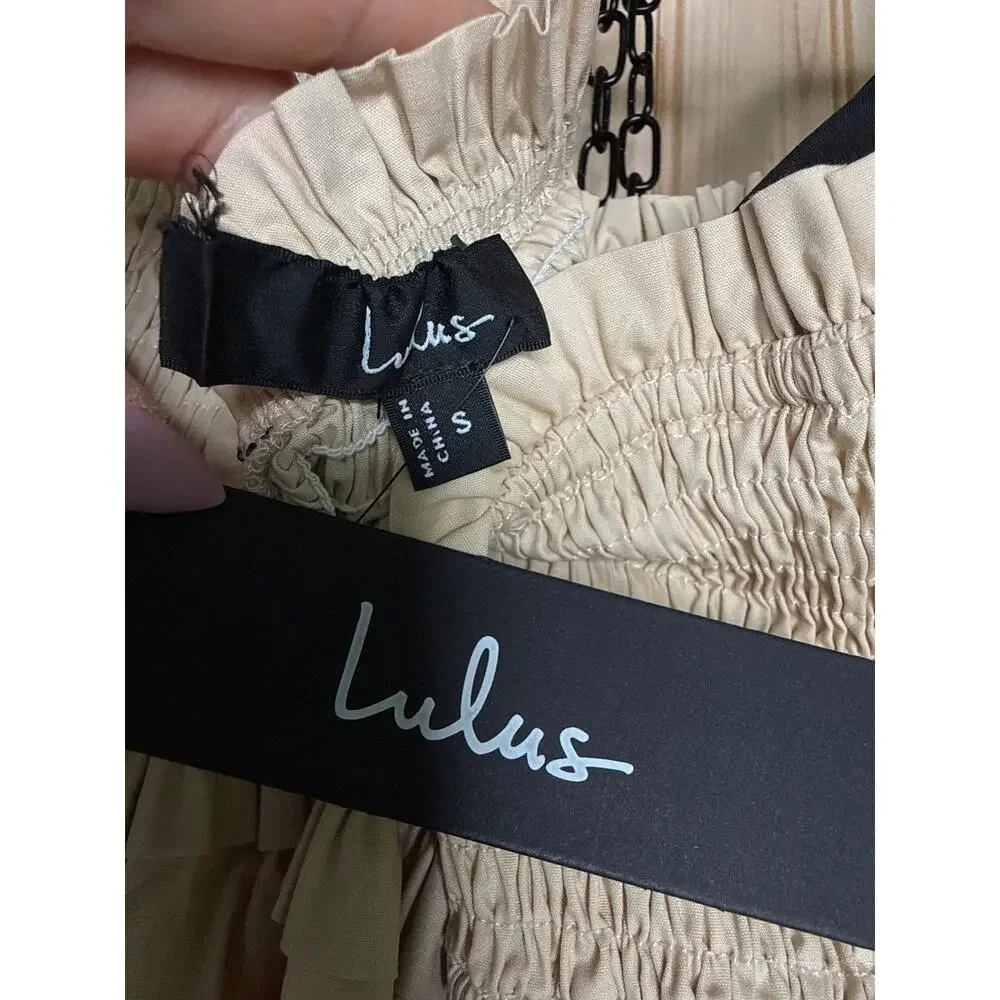 NWT Lulus Bembe Beige Tie-Strap Tiered Maxi Dress Coquette Holiday Resort Sz S - Picture 7 of 8